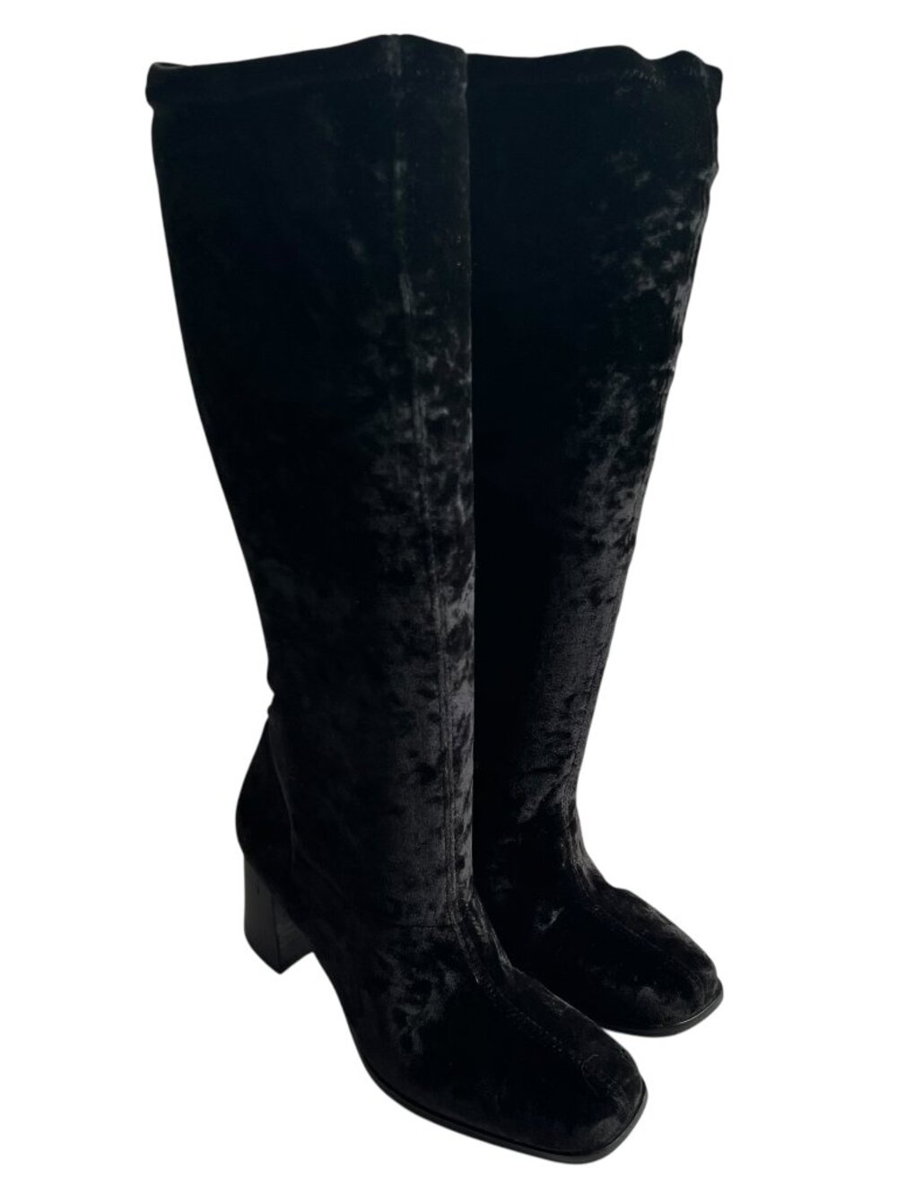 Minelli sock boots 36 black crushed velvet knee high squared toe block heel